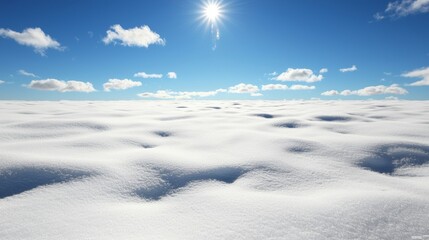 Bright Sun over Pristine Snow Field with Blue Sky and Fluffy Clouds