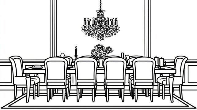 Elegant line drawing of a formal dining room with a long table set for a dinner party, featuring eight chairs, a chandelier, and wainscoting