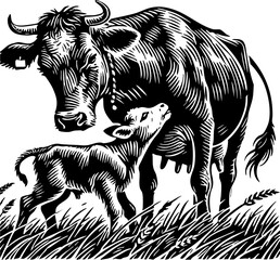Black and white woodcut-style illustration captures a mother cow and her calf in a field of grass, symbolizing maternal care and farm life. Mother and Calf: A Tender Farm Scene. © tygrys74