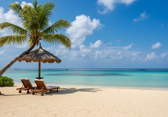 Tropical Beach Paradise: Palm Tree, Thatched Umbrella, and Lounge Chairs on White Sand