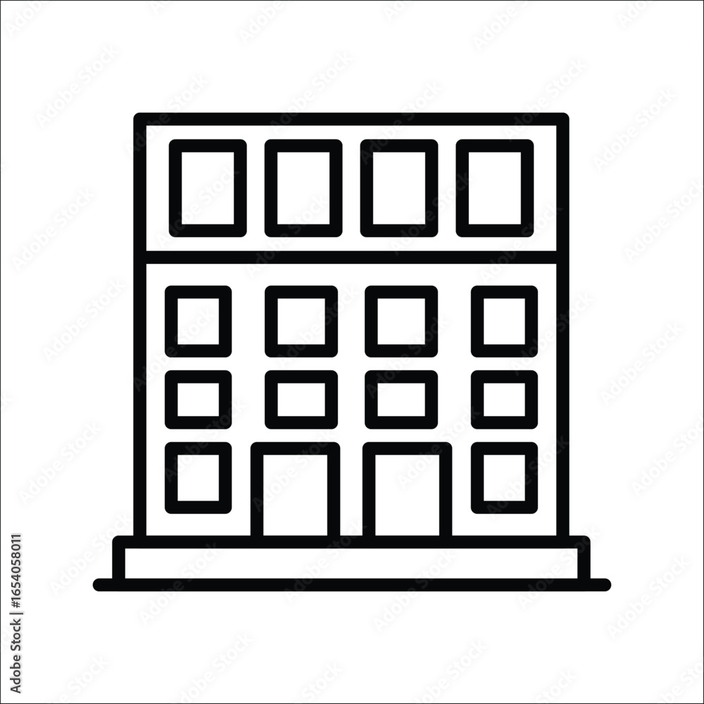 Poster a simple line drawing of a blocky multiwindowed building with a base