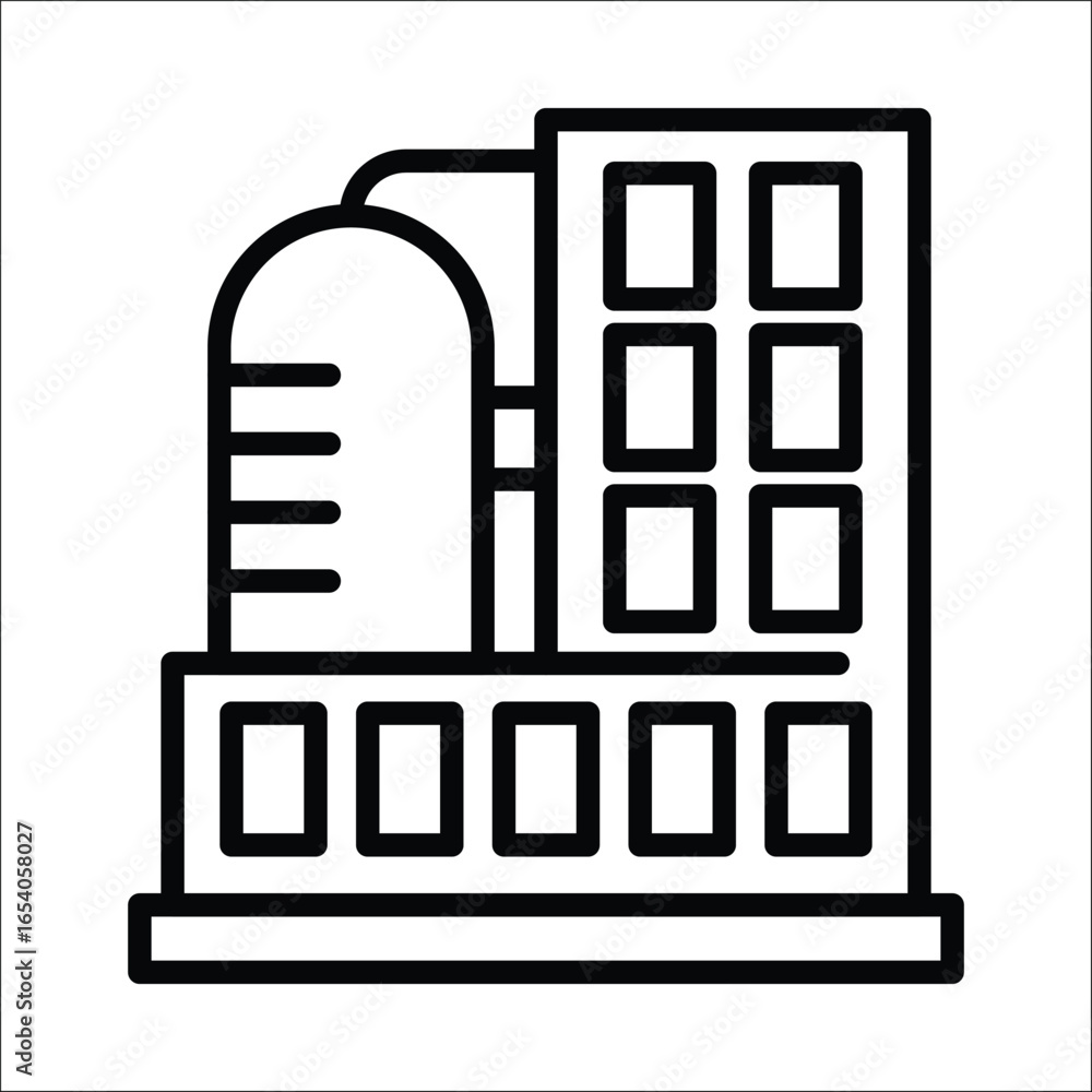 Poster a simple line drawing shows an industrial plant featuring a storage tank and a multistory building w