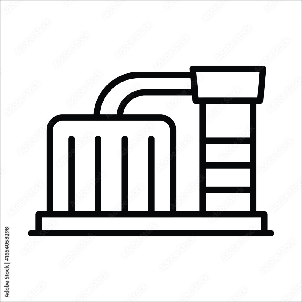 Poster an industrial structure featuring a central tank linked by a curved pipe to a tiered tower on a shar