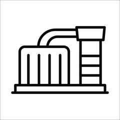 An industrial structure featuring a central tank linked by a curved pipe to a tiered tower on a shared platform