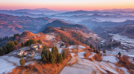 Obraz premium Scenic Terraced Hills and Frosty Winter Landscape with Sunrise Sky Celebrating Dongzhi Festival Chinese Winter Solstice Tradition