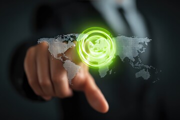 Businessman interacting with global map overlay