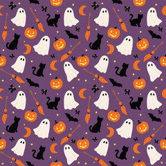 Cartoon pattern, Halloween theme, little ghost, black cat, carved pumpkin, witch broom, black bat, is a pattern that gives a fun Halloween atmosphere. Suitable for use as a fabric pattern