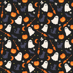 Cartoon pattern, Halloween theme, little ghost, black cat, carved pumpkin, witch broom, black bat, is a pattern that gives a fun Halloween atmosphere. Suitable for use as a fabric pattern