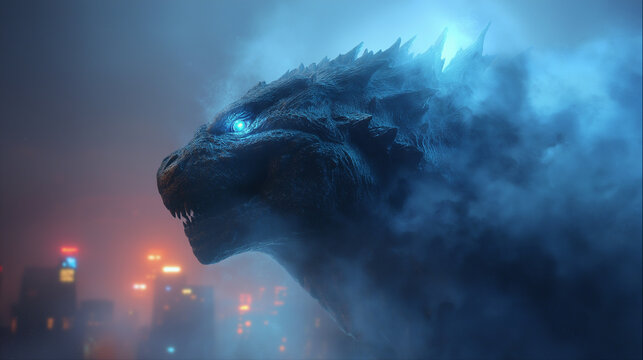 A giant, dark blue Godzilla with glowing blue eyes and rough, spiky scales is emerging from dense, blue-lit fog. Its massive head and neck are the central focus, towering over a blurred nighttime 