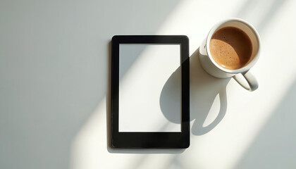 E-reader and coffee cup bathed in morning sunlight. Minimalist setup highlights digital reading lifestyle. Clean, modern aesthetic for tech, book lovers. Blank screen invites content creation.