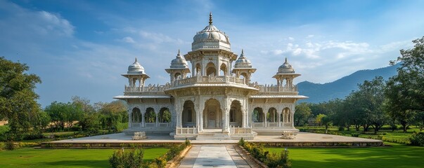 Small Hindu temple with white marble, set in a scenic green landscape with a blue sky. The shot captures the temple from the back, offering a peaceful and spiritual atmosphere, Generative AI