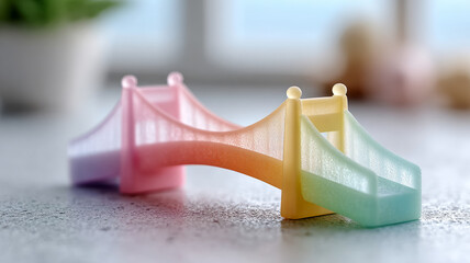 Colorful miniature toy bridge in pastel hues on a surface.