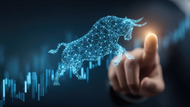 A hand points at a digital bull graphic overlaid on financial charts - Powered by Adobe