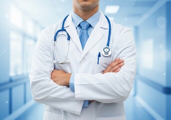 Confident Doctor with Stethoscope and Folded Arms in a Modern Hospital Setting