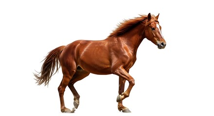 Obraz premium Chestnut Horse Trotting with White Blaze on Isolated Background, Mane Flowing