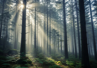 Obraz premium Misty Forest with Sunlight Shining Through the Trees