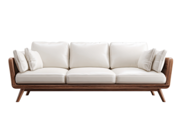 Modern white couch with wooden frame.  Simple, clean lines.  Comfortable, three-seater sofa