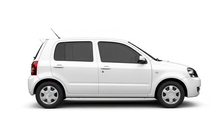 White compact car side view isolated on white background