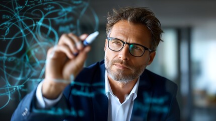 Business Teacher Explaining Detailed Plan on Transparent Whiteboard with Copy Space for Text , Classroom Scene