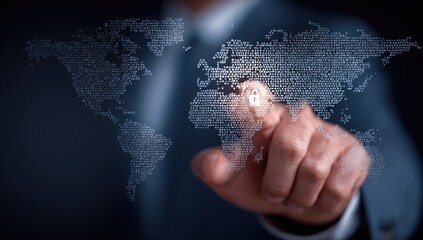 Businessman points to a digital world map