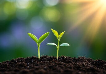 Two Young Seedlings Emerging from Soil, Bathed in Golden Sunlight, Symbolizing New Beginnings