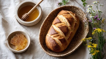 Naklejka premium A rustic setting featuring a loaf of bread, honey in a bowl, and wildflowers. Perfect for food photography and culinary themes.