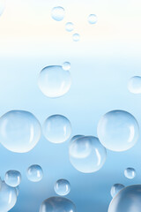 Floating translucent 3D bubbles on a soft blue background. Abstract concept of purity, hydration, freshness, and air. Ideal for skincare, cosmetic, medical, or clean design themes.	
