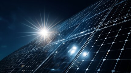 Close-up solar panels under bright sunlight, minimal landscape, clean energy and sustainable technology