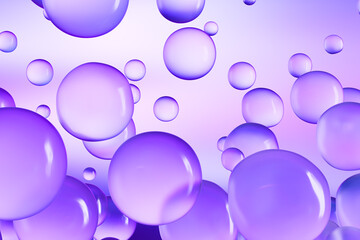 Floating glossy purple bubbles on a soft pink and violet gradient background. Abstract 3D render concept symbolizing freshness, beauty, levitation, and modern minimal design.