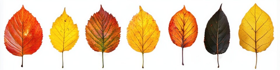 Fototapeta premium Collection of vibrant autumn leaves, isolated on white background. Autumn season concept.