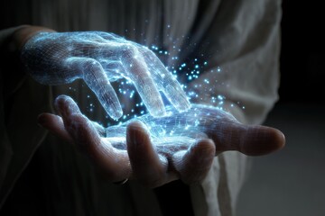 Digital hands clasped in a glowing display
