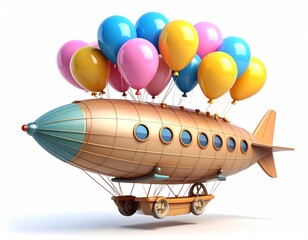 Cartoon Airship With Pastel Balloons Isolated On White Background Illustrating Whimsical Design And Flight Concepts