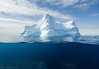 Majestic Iceberg Floats in the Arctic Ocean, Half Submerged View Under a Partly Cloudy Sky