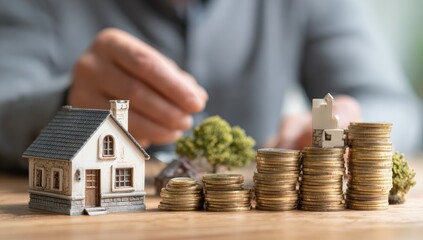 Miniature houses and stacks of coins on a table