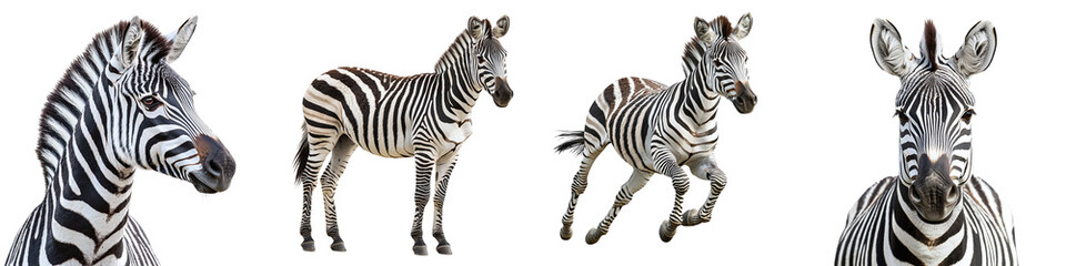 Set of zebras isolated on transparent background PNG