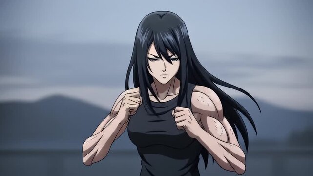 Muscular anime woman with long, black hair in a fighting pose against grey landscape