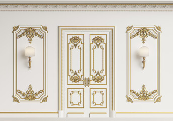 Classic interior wall. Moldings,ornated cornice,door.Digital illustration.3d rendering