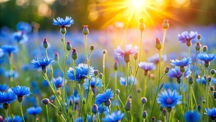 Fototapeta premium Blue cornflowers in a field at golden hour