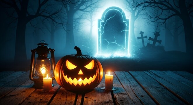 A spooky halloween night scene with a glowing jack olantern and tombstones in the background