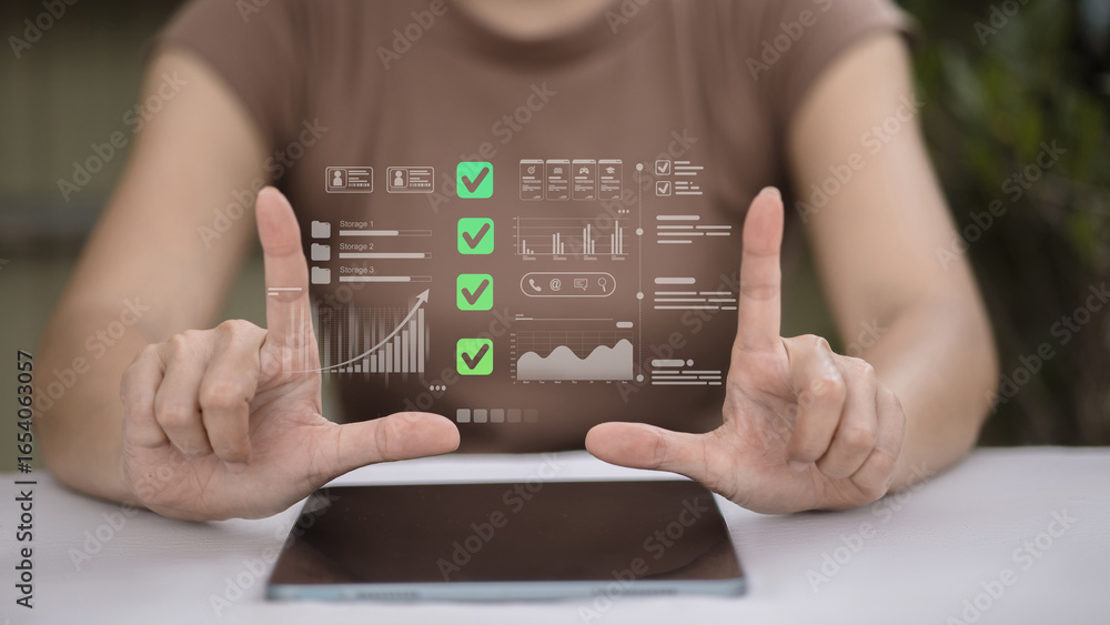 Aufkleber digital analytics dashboard on virtual screen above tablet with data visualization