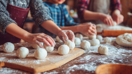 Family Making Tangyuan Rice Balls Together for Dongzhi Festival Celebration with Flour and Dough in Warm Kitchen