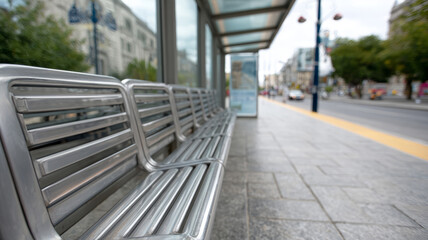 Fototapeta premium Empty metal bench at urban bus stop with street view.