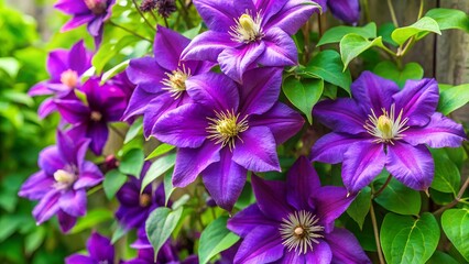 Vibrant purple clematis flowers in a garden
