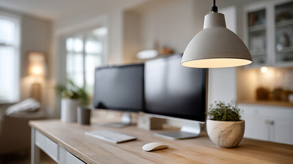 Modern home office setup with dual monitors and decor.