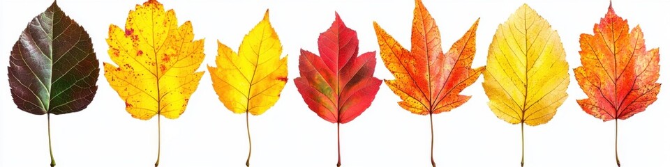 Collection of vibrant autumn leaves, isolated on white background. Autumn season concept.