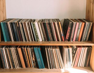 Rows of vinyl records on wooden shelves