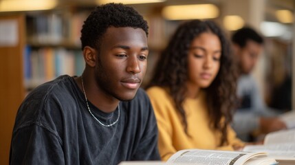 Two students focused on their studies in a library setting, surrounded by books. The atmosphere is calm and conducive to learning.