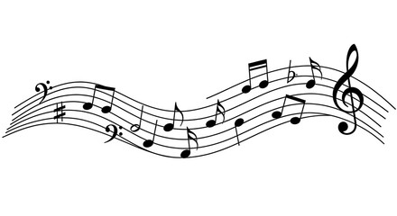 Flowing musical notes on a wavy staff isolated on a white background
