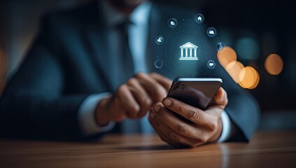 Businessman using a smartphone with a banking app interface