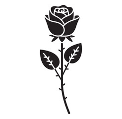 Elegant silhouette black rose flower on stem with leaves isolated on white background